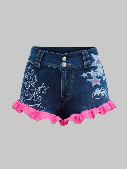 The Winx X SHEIN 女士卡通人物和星星印花撞色荷叶边Y2K低腰牛仔短裤