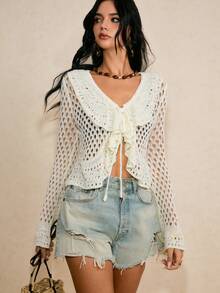 Poéselle 女士纯色V领插肩喇叭袖镂空荷叶边开衫 - 白色 - 查看 8