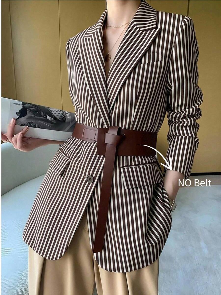 Anewsta Vintage Striped Print Lapel Long Sleeve Women's Blazer Jacket, Urban Chic - Brown - View 1