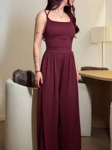 Abrilcols Women's Casual Pleated Loose Straight Leg Jumpsuit, Spring/Summer - Burgundy - View 3
