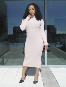 Steph T Mock Neck Ribbed Knit Sweater Dress In Fall/Winter - Khaki - View 6