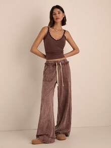 Easelle Dark Brown Solid Color Drawstring Waist Loose Casual Pants, Washed Long Pants With Snowflake Pattern - Brown - View 7