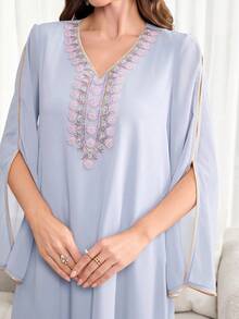 Al Najma 女士V领披肩袖复古夏季阿拉伯连衣裙 - 藍色 - 查看 5