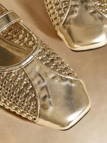 Rosivie 女士休闲编织方头舒适玛丽珍平底鞋 - 金色 - 查看 5