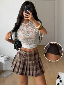 Coolane Women's Plaid Pleated Versatile Casual Skirt Pants - Brown - View 6