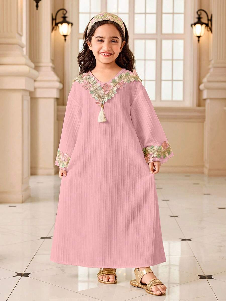 SHEIN Young Girls' V-Neck Textured Fabric Colorful Ruffle Trim Dress, Fashionable Suitable For Ramadan - Pink - View 1