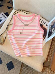 Resyla 女士休闲百搭粉色条纹圆领多功能背心 - 彩色 - 查看 4