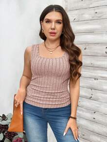 SHEIN LUNE Plus Size Women's Dusty Pink Square Neck Ribbed Fitted Tank Top,Summer Casual Vacation Ribbed Knit Top Sweater Tank,Elegant Latest Knitted Tops - Dusty Pink - View 4