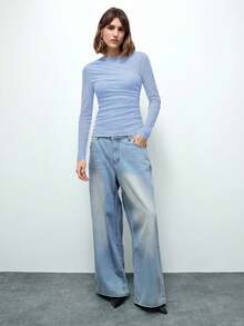 Maija 女士不对称设计现代都市休闲时尚商务休闲T恤，都市通勤商务休闲女装，办公室着装，优雅圣诞派对，新年装扮，棕色上衣 - 藍色 - 查看 2