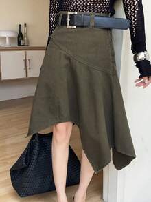 DAZY Chân váy denim nữ dáng suông, cạp thường, vạt bất đối xứng, chất liệu denim mài, kiểu dáng thường ngày. - xanh quân đội - Xem 1