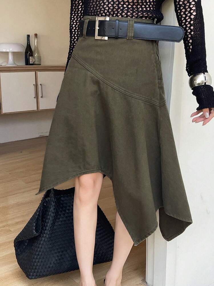 Women's Regular Waist Asymmetrical Hem Washed Denim Design Casual Denim Skirt