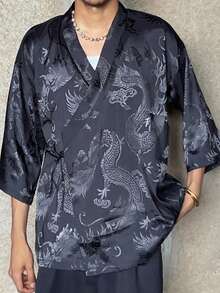 Ngobest Haus Ngobest Haus Unisex Sommer Jacquard Hemd, Viertelarm, locker sitzende lässige Hanfu Bluse mit Drachen Muster, geeignet als Yoga-Kleidung, Nachtwäsche, Strandmode, Cardigan, für den Herbst - Schwarz - Übersicht 3