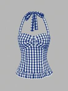 ROMWE Avant Women's Romantic Vacation Style Polka Dot & Plaid Backless Halter Neck Camisole Set - Blue - View 3