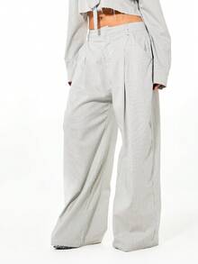 SUMWON WOMEN Pantalones anchos de talle alto con detalles de cinturón y raya diplomática de corte holgado para ropa de oficina de moda en otoño, invierno y primavera - Blanco y Negro - Ver 1