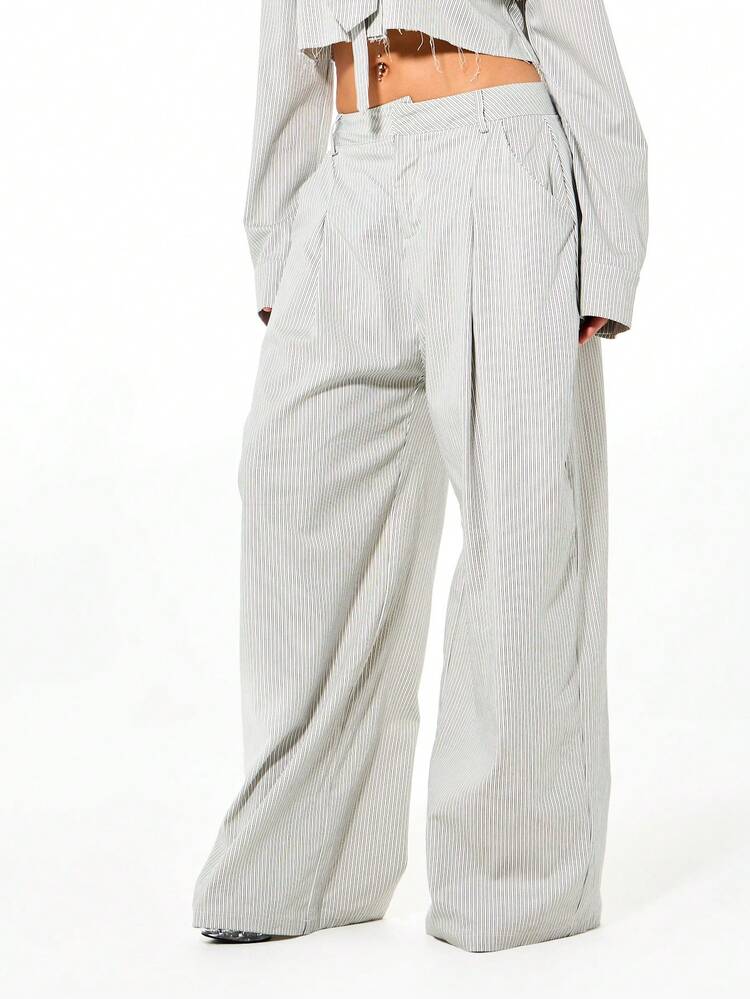 SUMWON WOMEN Oversized Pinstripe Wide Leg Tailored Trousers With Belt