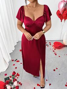 DreamSkyne Plus Size Women Elegant Summer Red Satin Midi Dress,Knit Short Sleeve Shiny Burgundy Slit Formal Gown For Prom Night,Curve Elegant Dress - Burgundy - View 10