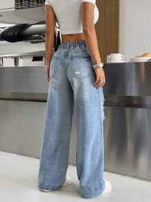 SHEIN PETITE Spring To Summer Women's Blue Jeans BlingBling Diamond Embellished Low-Rise Wide-Leg Pants Y2K Music Festival Outfit - Blue - View 2