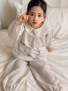 DAZY Girls (Small) Lace Doll Face Ditsy Floral Long Sleeve Pajama Set - Light Grey - View 5