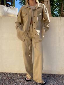 DAZY Women's Casual Denim Jacket And Pants Set, Autumn/Winter - Khaki - View 1