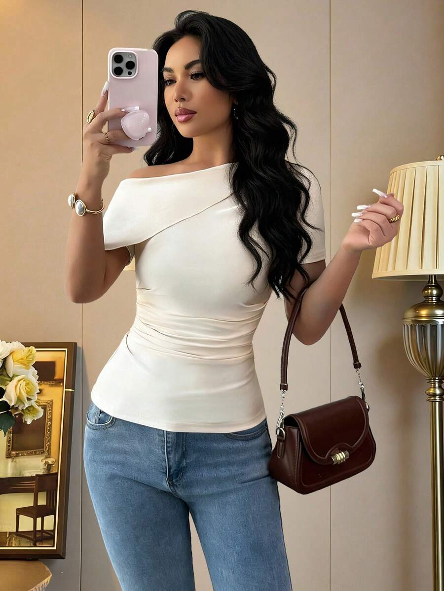 Elenzga Elegant Casual Asymmetric Ruched Waist Fitted Knit Top, Apricot Short Sleeve T-Shirt - Apricot - View 1