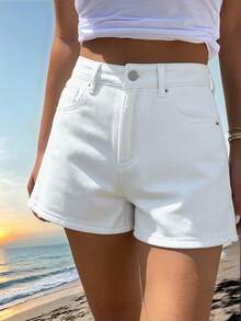 DAZY 女士纯棉牛仔白色短裤，适合海滩/户外活动，夏季休闲短裤 - 白色 - 查看 5