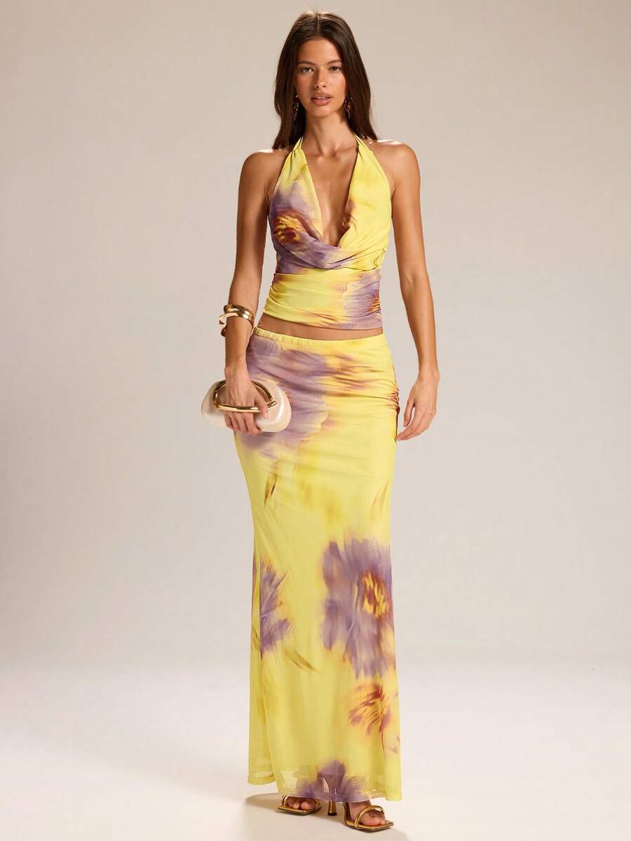 SHEIN BAE 女士印花垂领吊带背心和迷你裙两件套度假套装 - 黃色 - 查看 1