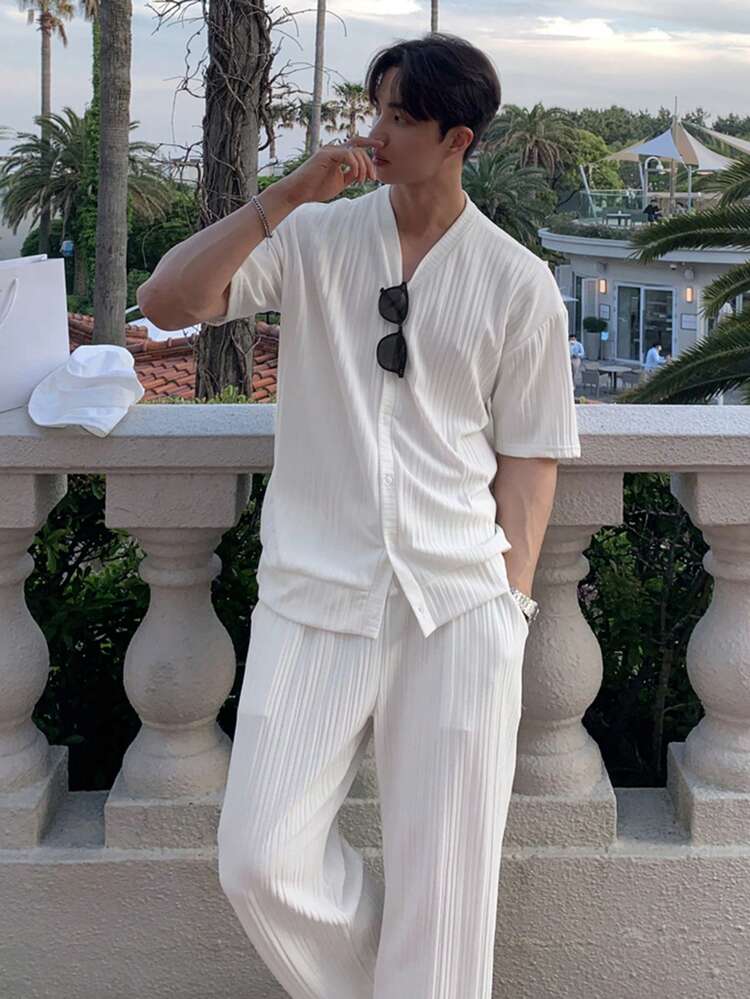 Men's White Textured Fabric Long T-Shirt Set, Spring/Summer