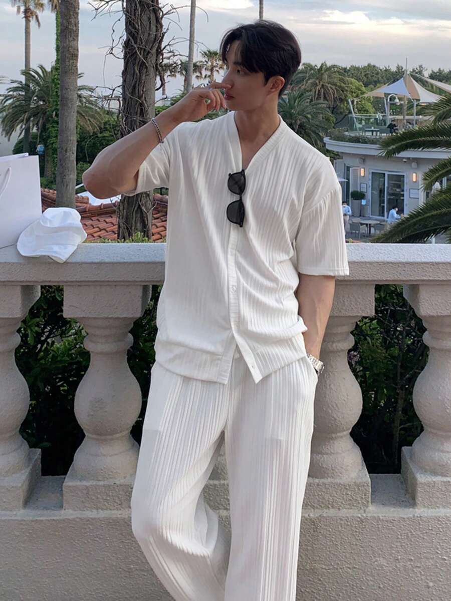 DAZY Bộ áo thun dài tay nam màu trắng chất liệu vải dệt họa tiết, thích hợp cho mùa xuân/hè. - trắng - Xem 1