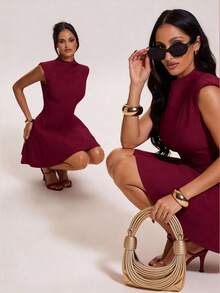 SHEIN BAE Elegant Plus Size Red Mock Neck Fit And Flare Dress Sleeveless Short Length Woven Fabric - Red - View 1