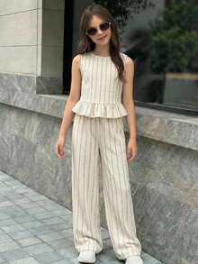 Firerie Kids Tween Girls' Casual Striped Sleeveless Top And Straight Leg Pants Set, Apricot - Apricot - View 2