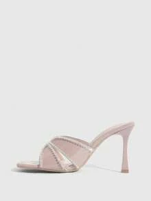 CUCCOO SZL 女士方头水钻链条套脚高跟凉鞋，性感时尚优雅派对礼服凉鞋，夜店露趾细高跟鞋 - 粉色 - 查看 9