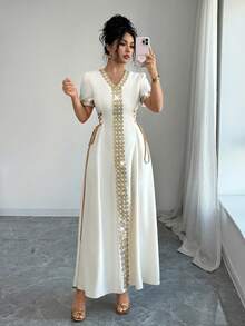 Elenzga 女士春季户外连衣裙，优雅时尚，适合新年、情人节、复活节、母亲节、中东派对、婚礼、职业场合等，拼接设计，金色丝线刺绣，蕾丝V领，腰部抽绳，长袖长款连衣裙，米色，浅黄色 - 米色 - 查看 4