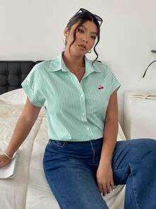 SHEIN Frenchy Plus Size Cherry Striped Single-Breasted Batwing Sleeve Shirt - Green - View 2