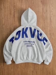 TOKVUE 男士休闲宽松字母印花连帽衫，适合街头风格、日常穿着、居家、游戏、户外音乐节、朋友聚会、送给男友/老公的礼物、周年纪念礼物 - 淺灰色 - 查看 4