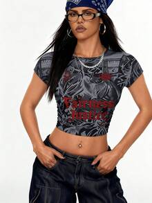 Slouenne Slouenne New Sexy Graphic Print Backless Fitted Crop Top, Versatile Women Blouse For Spring/Summer - Multicolor - View 4