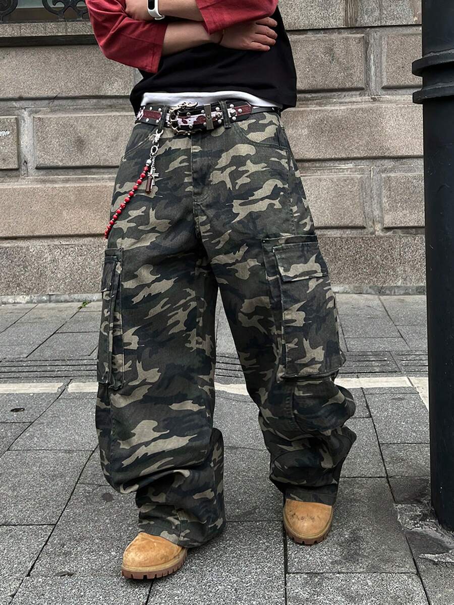 Manfinity EMRG 男士时尚休闲宽松阔腿牛仔裤,多口袋铆钉设计,百搭街头风服饰 - 軍綠色 - 查看 1