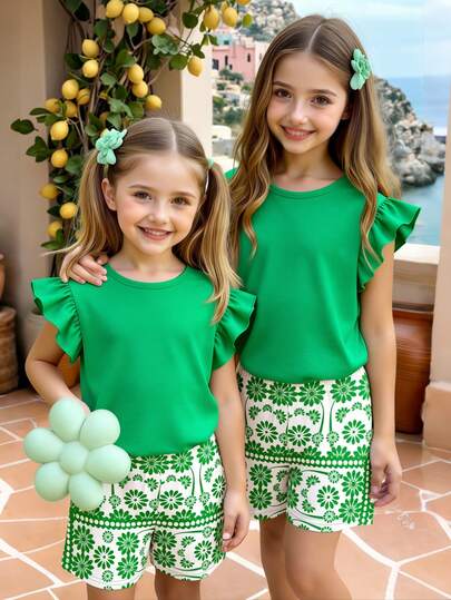 SHEIN Spring And Summer Girls Young Girl Casual Fashion Creative Personalized Fresh Simple White Base Green Floral Pattern Print Casual Basic Sleeveless Short T-Shirt And Shorts Set, Comfortable Daily Wear, Cozy Summer Styles Suitable For Spring And Summer Girls