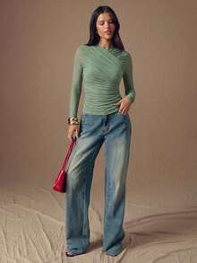 SHEIN BAE 女士纯色短袖交叉裹身长袖修身T恤 - 薄荷綠 - 查看 3