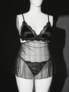 2pcs Sexy Shiny Mesh & Lace Bow Tie Nightgown Set, Classic Lingerie - Black - View 5