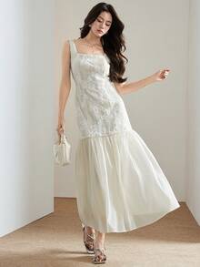 Heiryn 女士花卉纹理方领无袖荷叶边下摆连衣裙 - 杏色 - 查看 2