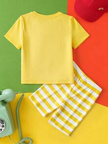 LOONEY TUNES X SHEIN 女童卡通鸭子印花圆领短袖休闲上衣套装 - 黃色 - 查看 2