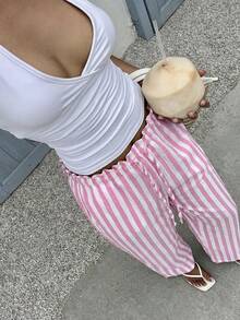 SHEIN EZwear 粉色条纹梭织休闲阔腿裤，适合女士穿着，也适合海滩度假 - 粉色 - 查看 6