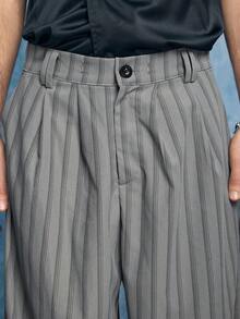 ROMWE MEN Street Life Men's Striped Straight Leg Loose Casual Suit Pants - smoke gray - View 2