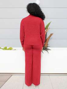 Steph T Damen Lässig Komfortable Minimalistische Mode Locker Gestrickter Pullover und Hohe Taille Elastische Lässig Hose 2-teiliges Set, Herbst/Winter - Bordeaux - Übersicht 2