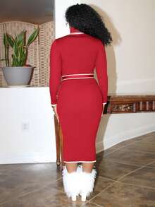 Steph T Women's Elegant Turtleneck Fitted Ribbed Texture Bow Tie Sweater Dress - Burgundy - View 2