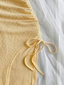 Soleia Women's Vacation Knitted Waffle Textured Fitted Split Drawstring Dress, Suitable For Party, Date, Sexy, Afternoon Tea, Beach, Summer, Music Festival, Wedding Season,Yellow Dress Butter Yellow Dress - Mustard Yellow - View 4