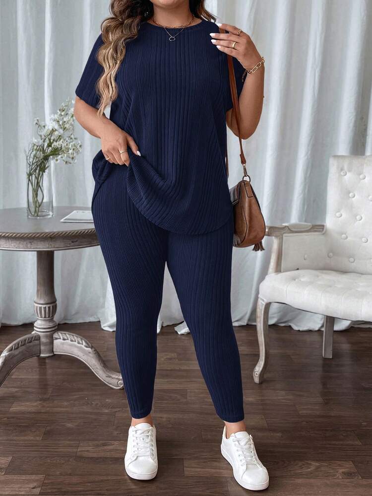 SHEIN LUNE Plus Size Crew Neck Short Sleeve Solid Color Loose Ribbed 2 Pieces Set - Navy Blue - View 4