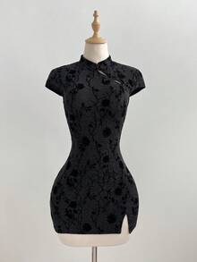 Elamini Casual Stand Collar Silver Thread Flocked Button Slit Black Mini Dress For Women - Black - View 3