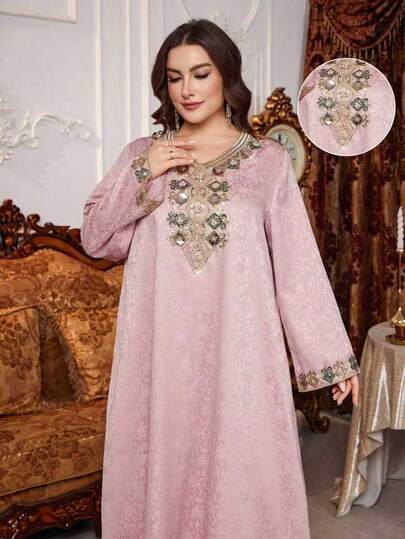 Al Najma Plus Size Women's Solid Color Jacquard Long Sleeve Maxi Casual Arabic Style Dress