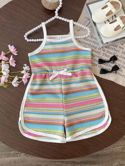 SHEIN Elladie kids Girls' Summer New Simple Black & White Striped Black Drawstring Contrast Color Jumpsuit With Bow Tie Waist Decoration, Casual Sporty Romper